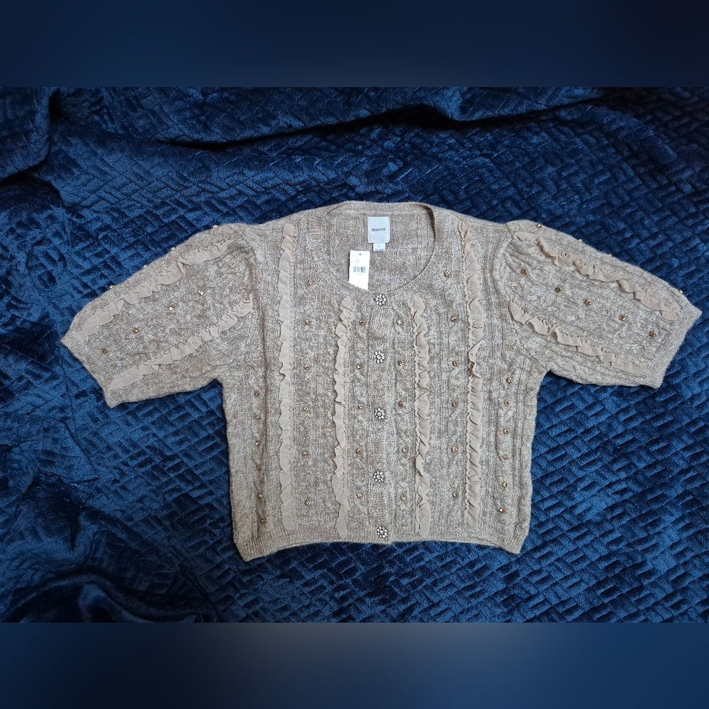 Anthropologie Maeve Short Sleeve Embellished Ruffle Cardigan Size L, New! - Picture 12 of 14